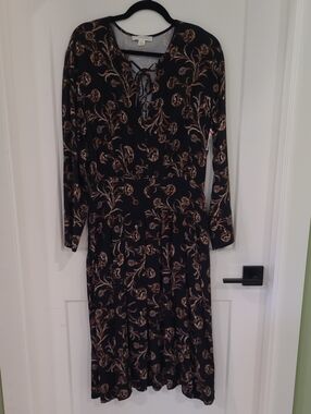 Treasure & Bond Black Long-Sleeve Floral Midi Dress NWT